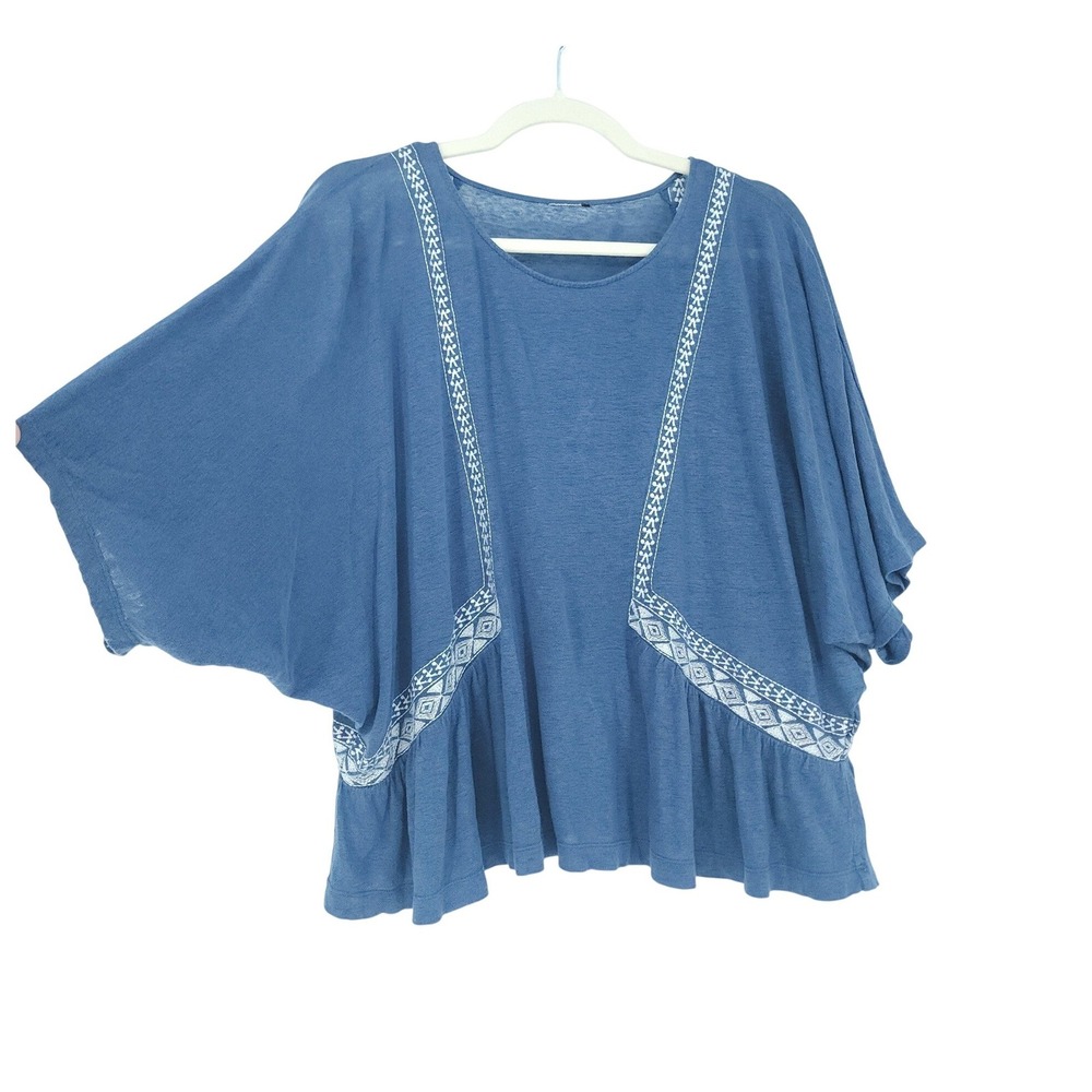 Embroidered Peplum Top Women OS Blue Dolman Sleeve Artisanal Boho Coastal Relax